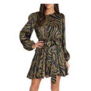 Satin Dress Animal Print Olive Zebra Mini Flared Long Sleeve